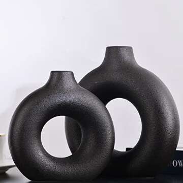 Black Ceramics Vase for Home Decor -Matte Black Vase Set of 2 Circular Flowers Vase Modern Black Decor - Home Decoration for Kitchen Table, Living Room Side Table, Fire Place or Flower Shop