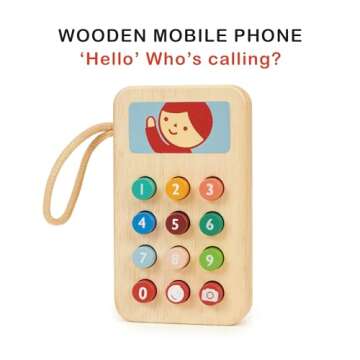 Mentari Toys - Mobile Phone - Solid Wood Phone with Squishy Buttons for Toddlers - Pretend Play Toy Cell Phone - Boost Communication Skills and Language Development - Age 2+