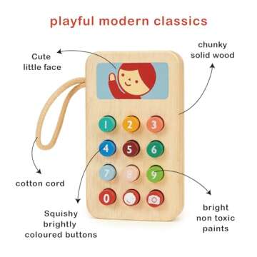 Mentari Toys - Mobile Phone - Solid Wood Phone with Squishy Buttons for Toddlers - Pretend Play Toy Cell Phone - Boost Communication Skills and Language Development - Age 2+