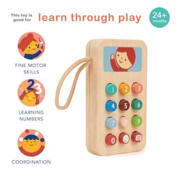 Mentari Toys - Mobile Phone - Solid Wood Phone with Squishy Buttons for Toddlers - Pretend Play Toy Cell Phone - Boost Communication Skills and Language Development - Age 2+