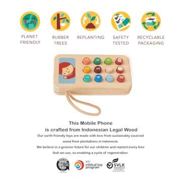 Mentari Toys - Mobile Phone - Solid Wood Phone with Squishy Buttons for Toddlers - Pretend Play Toy Cell Phone - Boost Communication Skills and Language Development - Age 2+