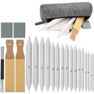 22 PCS Sketch Drawing Tools, AGPTEK 16 Blending Stumps Set with 2 Sandpaper Pencil Sharpeners, 1 Pencil Extension Tool, 2 Erasers & 1 Felt Bag for Student Sketch Drawing Accessories