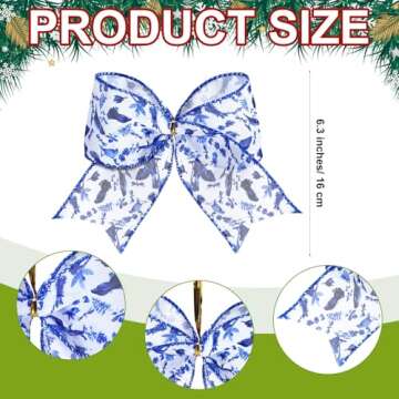 Realspring 12 Pcs Christmas Bows Chinoiserie Ornaments 6.3 Inch Large Blue and White Chinoiserie Decor Christmas Wreath Bows Christma Tree Bows Ribbons for Garland Holiday Party