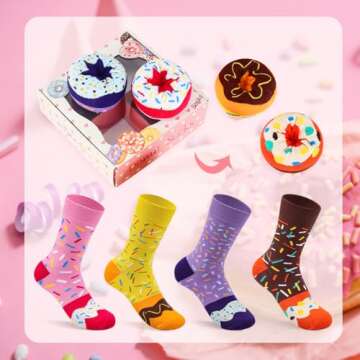 Funny Donut Socks Box -Funny Gifts for Women Ladies Teenage Girls-Fun Novelty Funky Cute Food Silly Cotton Crazy Socks Mothers Day Valentines Christmas Birthday Gifts Stocking Fillers-4 pairs