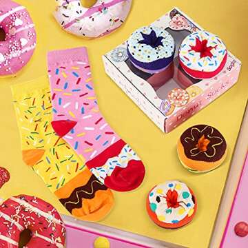 Funny Donut Socks Box -Funny Gifts for Women Ladies Teenage Girls-Fun Novelty Funky Cute Food Silly Cotton Crazy Socks Mothers Day Valentines Christmas Birthday Gifts Stocking Fillers-4 pairs