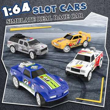 Slot Car Race Track Sets with 4 Slot Cars, Electric Race Car Track Include Slope Circular Overpass Track, Dual Racing Game Featuring Flash Bridge and Pendulum, Gifts Toys for Boys Kids Age 6 7 8-12