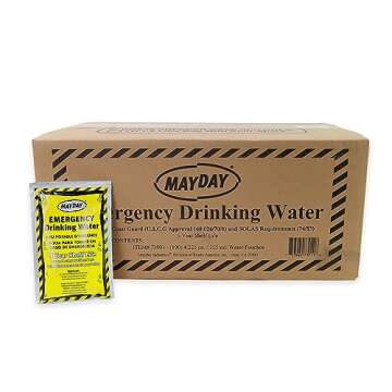 Mayday Pouch Water, Coast Guard Emergency Water, 5-Year Shelf LIfe, Disaster Preparedness Supplies for, Earthquake, Fire, Flood, Leak-Proof Pouches, 4.225 Oz/125Ml 50 Pack