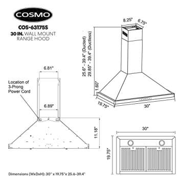 COSMO COS-63175S Wall Mount Range Hood with Ducted Convertible Ductless (No Kit Included), Ceiling Chimney-Style Stove Vent, LEDs Light, Permanent Filter, 3 Speed Fan in Stainless Steel (30 inch)