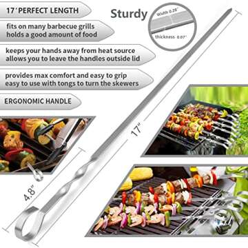 Skewers - 17" Kabob Skewers for Grilling, Metal Skewers for Kabobs Stainless Steel Flat Long Shish Kebab Skewers, Reusable Grill BBQ Barbecue Sticks for Meat Chicken Vegetable, 12 Pack Bonus 14 Inch