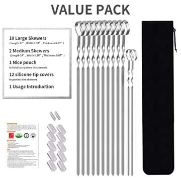 Skewers - 17" Kabob Skewers for Grilling, Metal Skewers for Kabobs Stainless Steel Flat Long Shish Kebab Skewers, Reusable Grill BBQ Barbecue Sticks for Meat Chicken Vegetable, 12 Pack Bonus 14 Inch