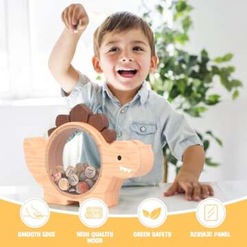 Summidate Wooden Dinosaur Piggy Bank for Boys, Cute Dino Money Bank for Kids Toddlers, Unbreakable Wood Coin Bank, Creative Saving Money Jar Personalized Present for Child Birthday & Decor