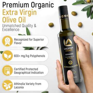 LACONIAN LEGACY Authentic Olive Oil Extra Virgin - Rich in Polyphenols & Antioxidants - First Cold Pressed from Single Source, Estate-Grown Athinolia Greek Variety Olives - Certified Organic - 500ml