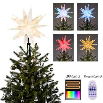 Cyraft Christmas Star Tree Topper Lighted Plug in, 15.7 Inch Outdoor Foldable Lightweight Moravian Star Tree Topper, Timer & Smart Colorful Remote Control, Christmas Hanging Star with Lights