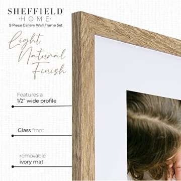 Sheffield Home 9 Piece Gallery Wall Frame Set, 12x12 in. Matted to 8x8 in. (Light Natural)