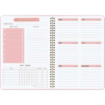 Undated Pink Weekly Goals Notebook - Spiral Bound for Easy Planning