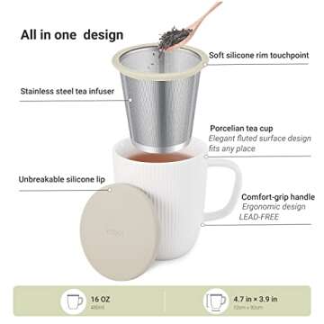 emoi 16 OZ Large Porcelain Tea Cup with Infuser and Lid, Tea Mug with Tea Strainers for Loose Tea, Ideal Tea Gifts for Tea lovers to Steep a Perfect Cup of Tea at Home or Office-Beige White