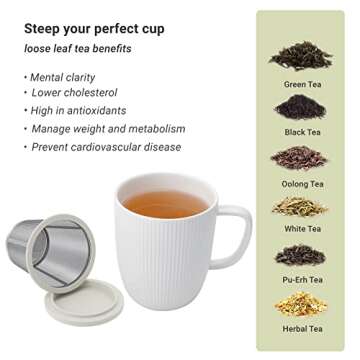 emoi 16 OZ Large Porcelain Tea Cup with Infuser and Lid, Tea Mug with Tea Strainers for Loose Tea, Ideal Tea Gifts for Tea lovers to Steep a Perfect Cup of Tea at Home or Office-Beige White