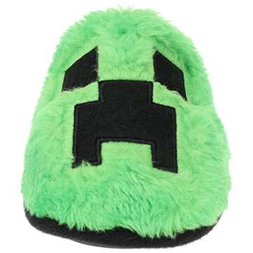 Minecraft Youth Unisex Slipper - Creeper Green Plush Scuff, Size 1-2