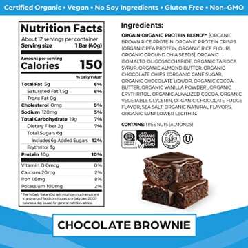 Orgain Organic Vegan Protein Bars, Chocolate Brownie - 10g Plant Based Protein, Low Calorie Healthy Snacks, No Lactose or Soy Ingredients, Gluten Free, Non-GMO - 1.41 Oz (Pack of 12)