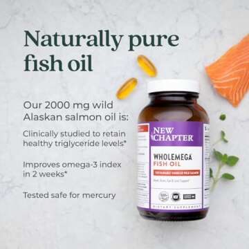 New Chapter Wholemega Fish Oil Supplement - Wild Alaskan Salmon Oil with Omega-3 + Vitamin D3 + Astaxanthin + Sustainably Caught - 180 ct, 1000mg Softgels