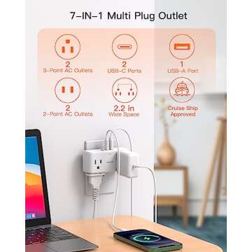 BESHON 【2 Pack】Multi Plug Outlet Splitter, 4 AC Outlet Extender with 3 USB Wall Charger (2 USB C), 3-Sided Outlet Adapter, Multiple Plug Expander for Home Office Dorm Room Essentials