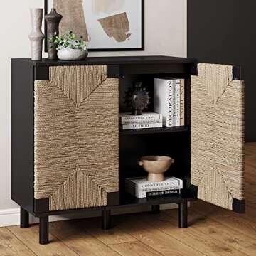 Nathan James Beacon Accent Natural Sideboard Storage Cabinet in Wire-Brushed Wood with Adjustable Interior Shelf and Seagrass Doors, for Hallway, Entryway or Dining Room, Black