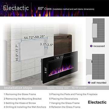 Electactic 60 inches Electric Fireplace Recessed and Wall Mounted, Fireplace Heater and Linear Fireplace, with Timer, Remote Control, Adjustable Flame Color, 750w/1500w, Black