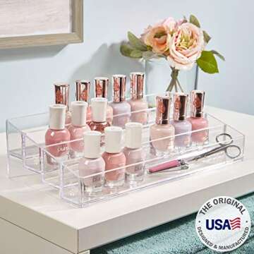 STORi Multi-Level Nail Polish Bottle Holder | Clear Plastic Organizer Rack for up to 40 Nail Polish Bottles, Rectangular 4 Tiered Vanity Display Stand for Makeup and Eyeshadow Palettes | Made in USA