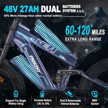 FREESKY Dual Battery 48V 27AH 60-120 Miles Long Range Electric Mountain Bike for Adults, 1600W Motor 35MPH E Bikes 26”Fat Tire Full Suspension E Bicycle