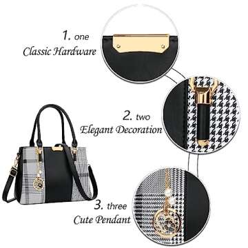 KKXIU 3 Zippered Compartments Purses and Handbags for Women Top Handle Satchel Shoulder Ladies Bags (B-black stripe)