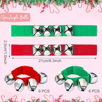 12 Pcs Christmas Wrist Jingle Bells,Bracelets Hand Bell Band Instrument Percussion Musical Ankle Bell for Kids,Party Favors,Green Red