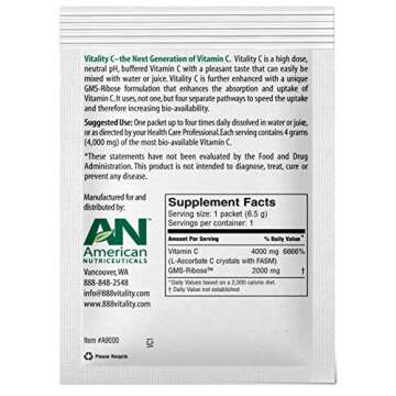 American Nutriceuticals – Vitality C Single Dose – 20 Packets – Ultra High–Potency Vitamin C Powder Without Gastric Distress – Enhanced Absorption, Neutral pH with GMS–Ribose Complex