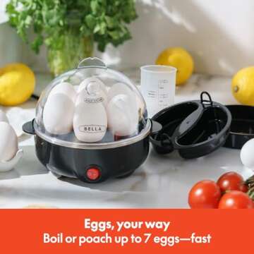 BELLA Rapid Electric Egg Cooker and Poacher with Auto Shut Off for Omelet, Soft, Medium and Hard Boiled Eggs - 7 Egg Capacity Tray (1 Pack) Black