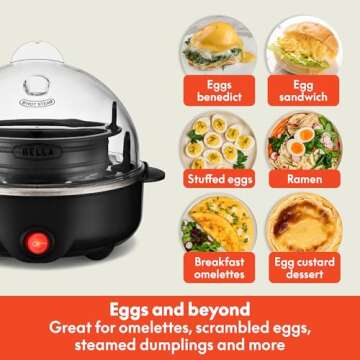 BELLA Rapid Electric Egg Cooker and Poacher with Auto Shut Off for Omelet, Soft, Medium and Hard Boiled Eggs - 7 Egg Capacity Tray (1 Pack) Black