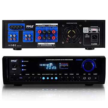 Pyle Wireless Bluetooth Power Amplifier System- 300W 4 Channel Home Theater Audio Stereo Sound Receiver Box Entertainment w/ USB, RCA, 3.5mm AUX, LED, Remote for Speaker, PA, Studio, Black - PT390BTU