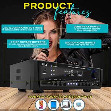 Pyle Wireless Bluetooth Power Amplifier System- 300W 4 Channel Home Theater Audio Stereo Sound Receiver Box Entertainment w/ USB, RCA, 3.5mm AUX, LED, Remote for Speaker, PA, Studio, Black - PT390BTU