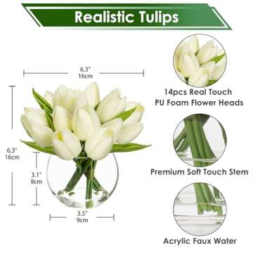 DILATATA Artificial White Tulips in Vase with Faux Water 6" Real Touch Flowers Fake Tulips Small Flowers Arrangement in Round Glass Vase for Mother's Day Table Centerpiece Wedding Home Decor