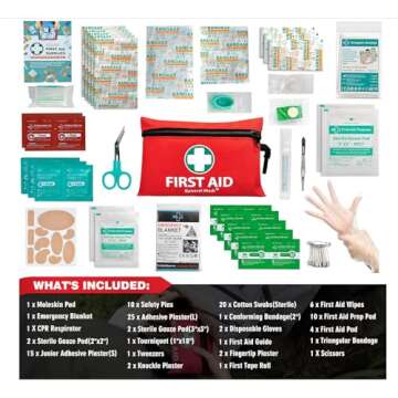 General Medi Mini First Aid Kit, 110 Piece Small First Aid Kit - Includes Emergency Foil Blanket, Scissors for Travel, Home, Office, Vehicle, Camping, Workplace & Outdoor (Red)