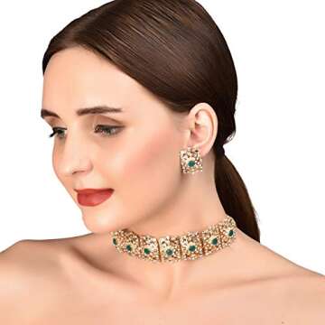 Touchstone"Mughal Jali Collection Indian Bollywood Great Mughal Era Inspired Choker Embellished with Faux Emerald, Pearls and Rhinestone Bridal Designer Jewelry Necklace Set in for Women in Go