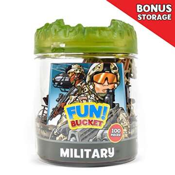 Sunny Days Entertainment Military Battle Group Bucket Over 100 Assorted Soldiers and 20 Accessories Toy Play Set for Kids, Boys and Girls | Plastic Army Men Figures with Storage Container