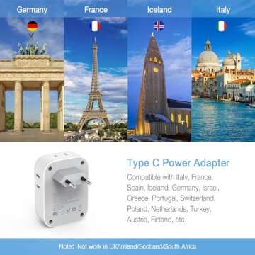 European Travel Plug Adapter USB C, TESSAN International Plug Adapter with 4 AC Outlets and 3 USB Ports, Type C Power Adaptor Charger for US to Most of Europe Iceland Spain Italy France Germany