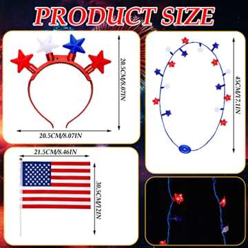 Honoson 16 Pieces 4th of July Accessories Patriotic Light up Necklace Red Blue and White LED Necklaces Stars Flashing Headband Hand Held American Flags on Stick for Independence Day Party Favor