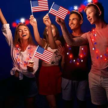 Honoson 16 Pieces 4th of July Accessories Patriotic Light up Necklace Red Blue and White LED Necklaces Stars Flashing Headband Hand Held American Flags on Stick for Independence Day Party Favor