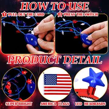 Honoson 16 Pieces 4th of July Accessories Patriotic Light up Necklace Red Blue and White LED Necklaces Stars Flashing Headband Hand Held American Flags on Stick for Independence Day Party Favor