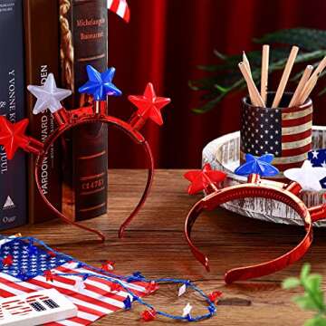 Honoson 16 Pieces 4th of July Accessories Patriotic Light up Necklace Red Blue and White LED Necklaces Stars Flashing Headband Hand Held American Flags on Stick for Independence Day Party Favor