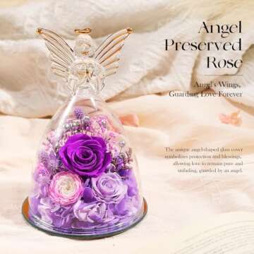 Christmas Angel Roses Gifts for Mom,Preserved Real Flowers Purple Roses in Glass Angel Figurines, Christmas Birthday Gifts for Grandma Her Women Mom Wife Mother in Law.