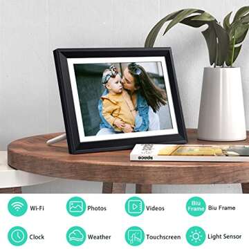 WOZIFAN Digital Photo Frame 10.1 Inch WiFi Smart Digital Picture Frame with 16GB Memory, 1280 * 800 HD Screen, Share Photos and Videos Instantly via Email or App, Auto-Rotate, Gifts for Dad - Black