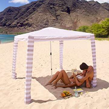 CoolCabana Beach Shade Tent - Easy Setup, UPF 50+ Protection, Large & Medium Sizes, Compact & Wind Resistant - Beach Cabana for The Whole Family - Beige Stripes, Medium