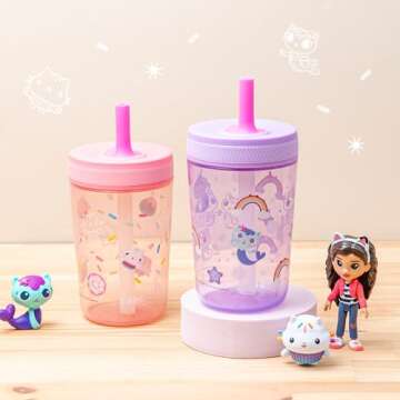 Zak Designs Gabby's Dollhouse Kelso Toddler Cups For Travel or At Home, 15oz 2-Pack Durable Plastic Sippy Cups With Leak-Proof Design is Perfect For Kids (Cakey Cat, Mercat)