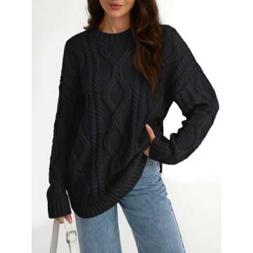 Trendy Queen Oversized Sweaters Womens 2024 Fall Fashion Outfits Cable Knit Crewneck Pullover Cute Chunky Long Tunic Top Winter Old Money Clothes with Leggings Black